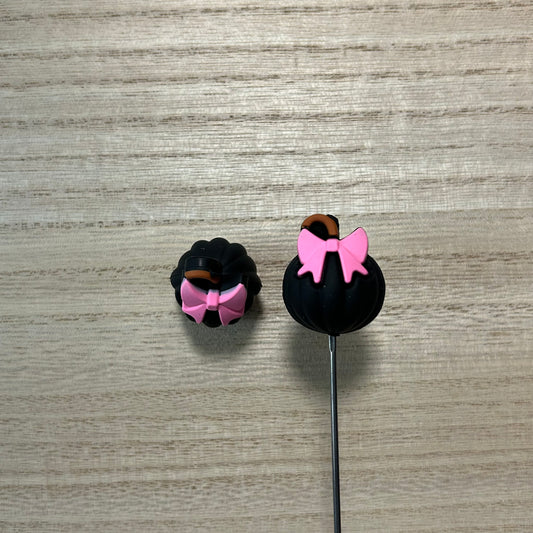 3D Black Pumpkin w/ Pink Bow Focal Bead