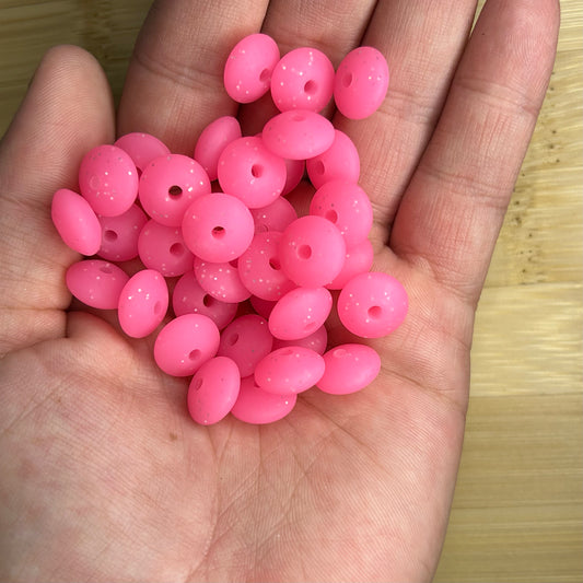Bright Pink Glitter Lentil Beads